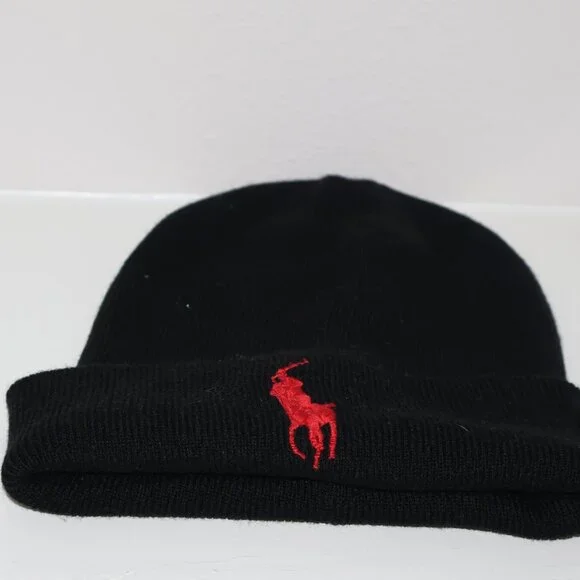 Polo Ralph Lauren Black Knit Beanie Red Pony Logo - Picture 3 of 5